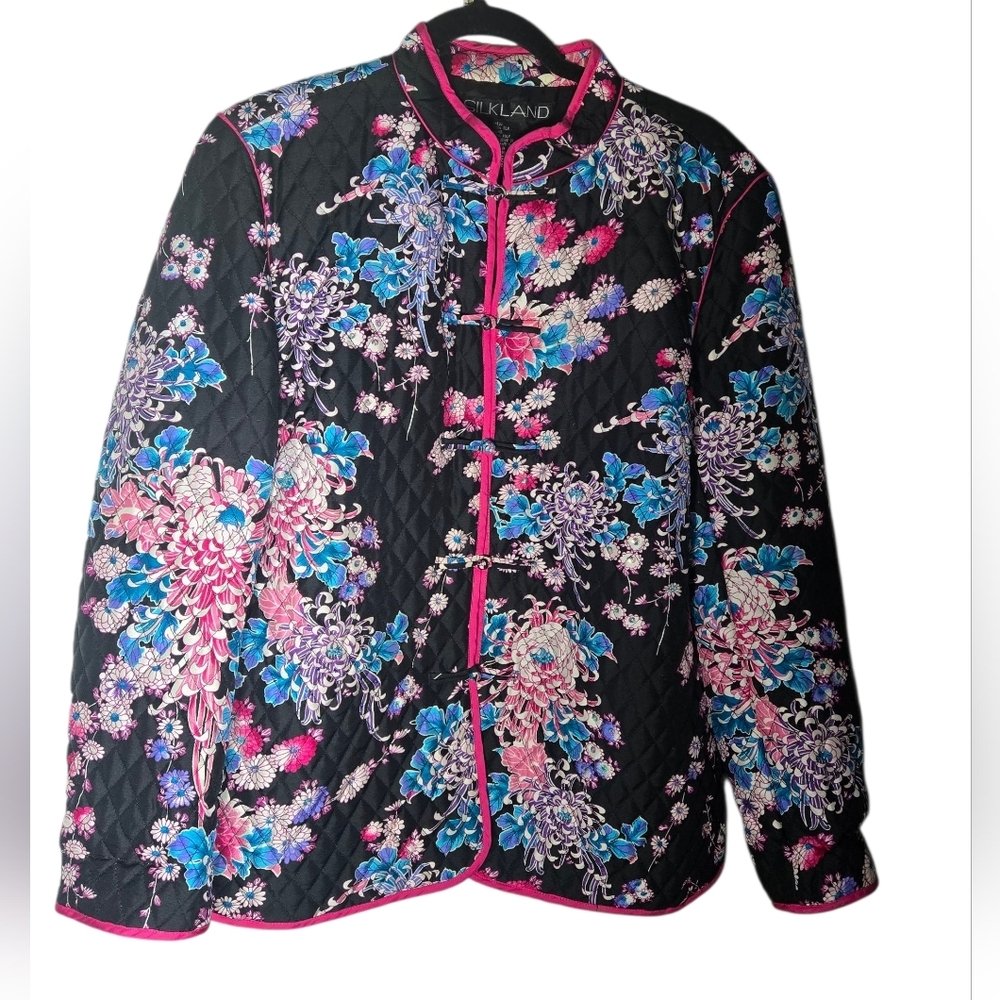 SilkLand Vibrant Floral Silk Coat, Beading, Artsy, Asain, Size XL